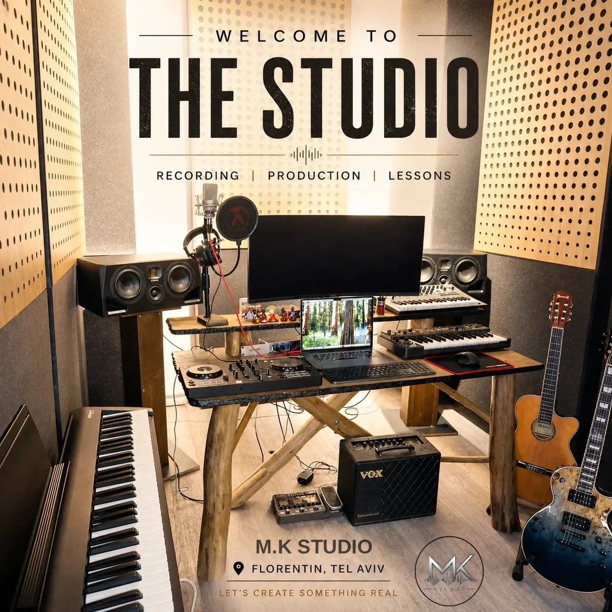 גרפיקת המותג של M.K Studio: עמדת ההקלטה עם מיקרופון, מוניטורים, פסנתר וגיטרות